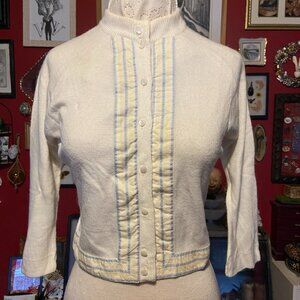 Vintage Sir James Cardigan Sweater 1950 to 1960 White with Blue/Cream Ribbon